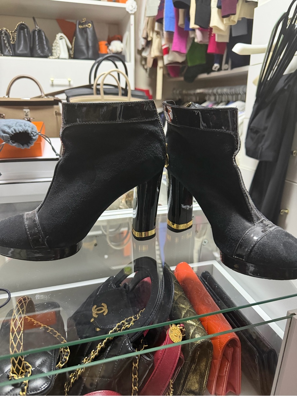 Tory Burch Black Suede & Patent Leather Ankle Boots with Gold Trim